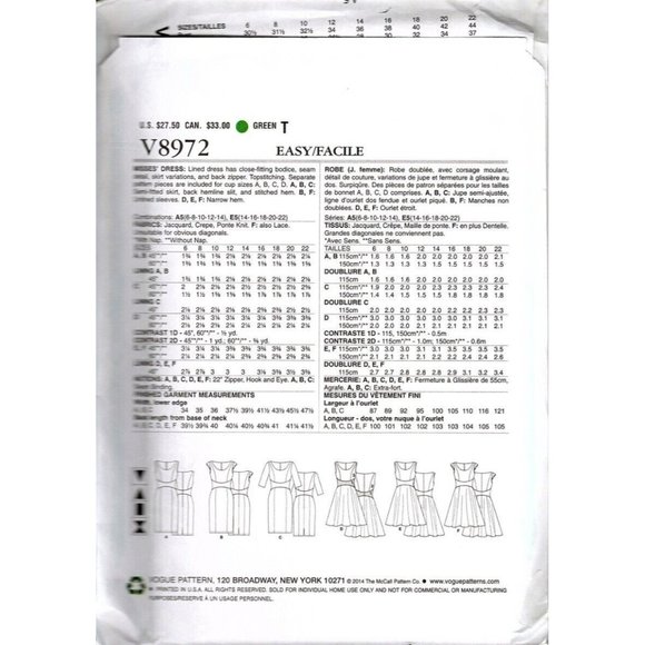 Vogue V8972 Misses 6 to 14 Easy Semi Fitted Lined Dress UNCUT Sewing Pattern - Picture 2 of 2